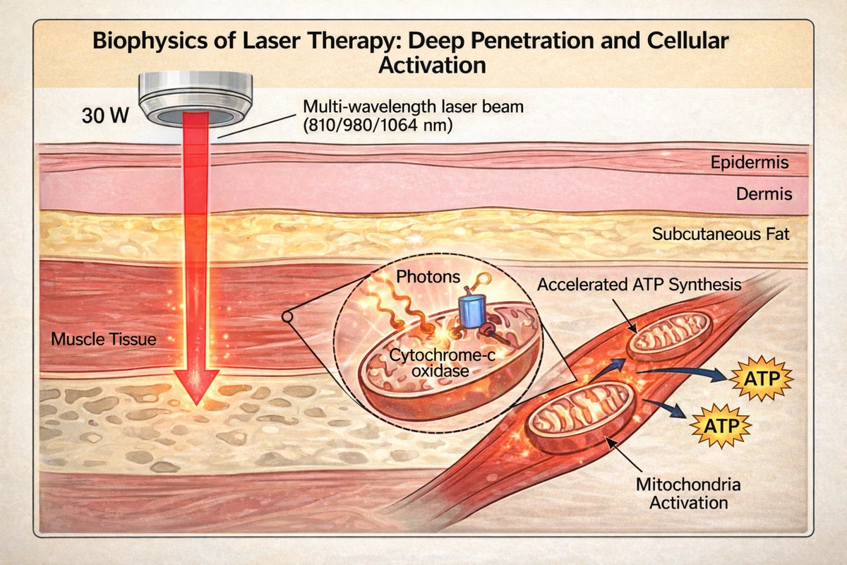 Diagram of photon delivery, absorption by chromophores and the photobiological response