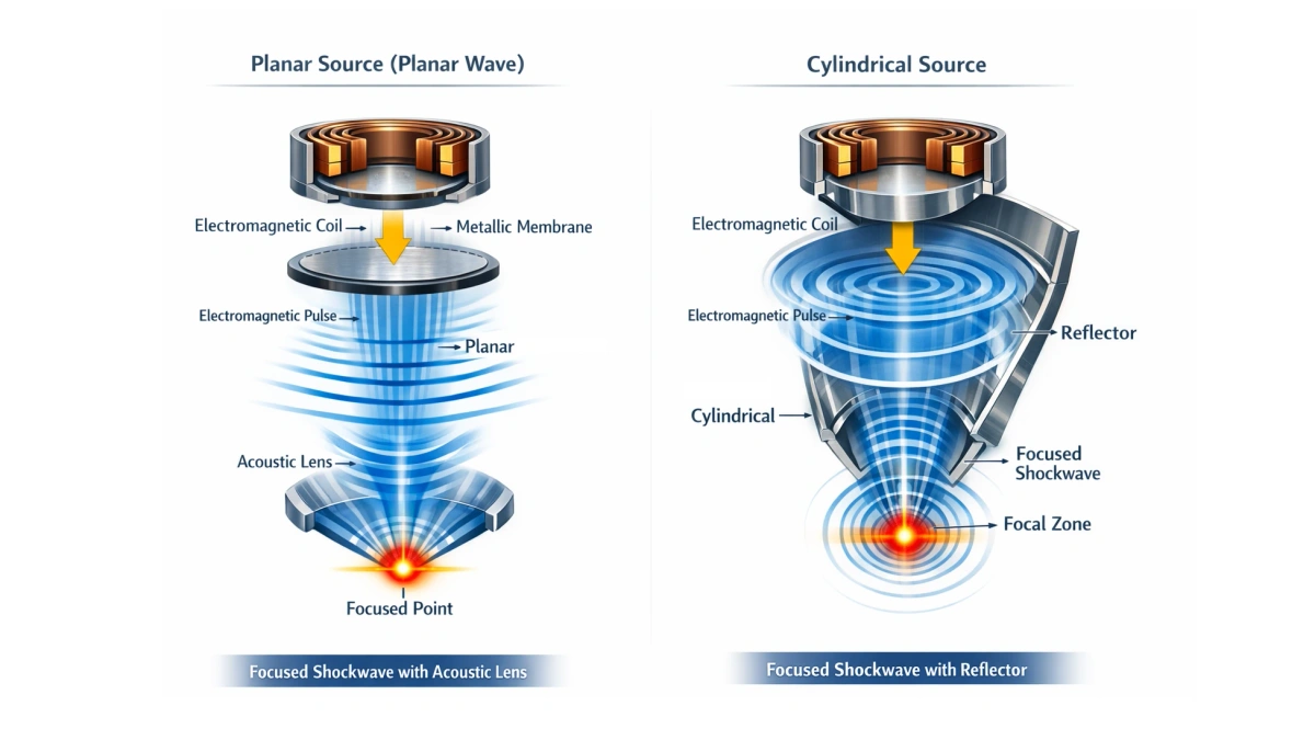 Electromagnetic source configurations for focused shockwaves with an acoustic lens and reflector