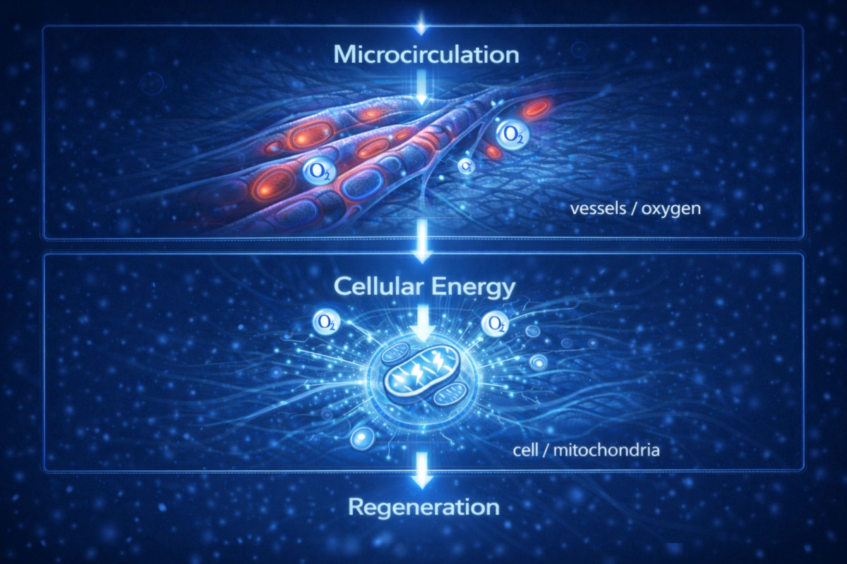 Diagram of cellular energy, metabolism and tissue regeneration in HILT therapy
