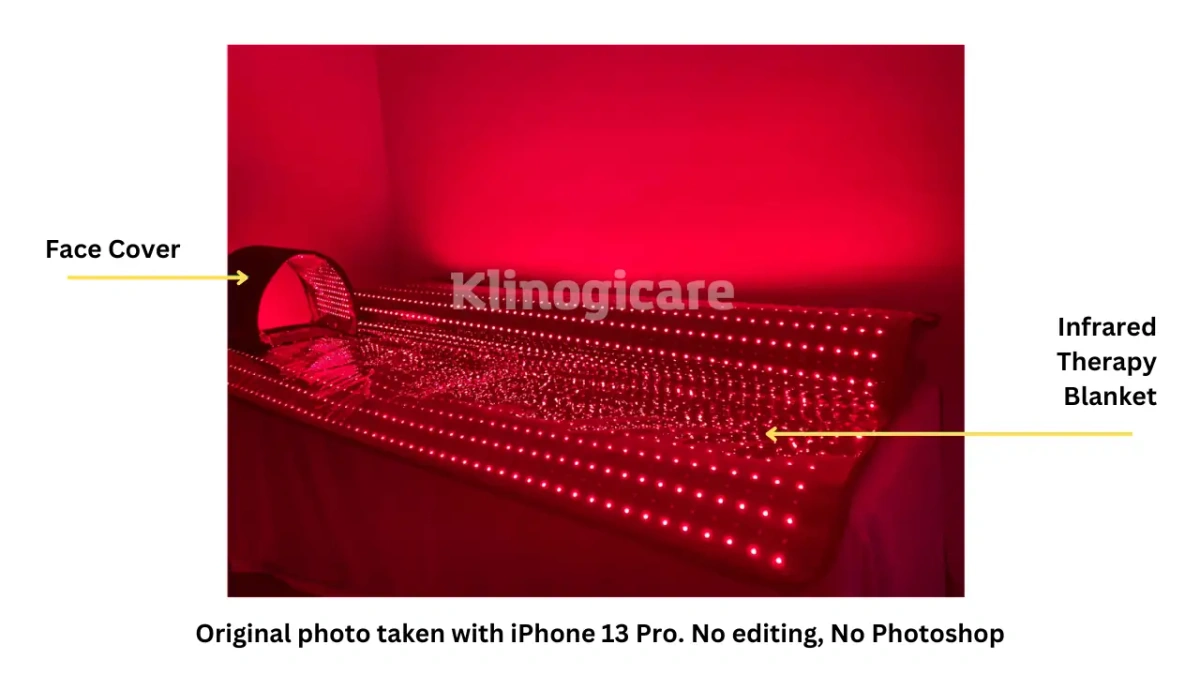 Original photo of the Klinogicare® RedWave Cocoon infrared therapy blanket with a red-light LED panel