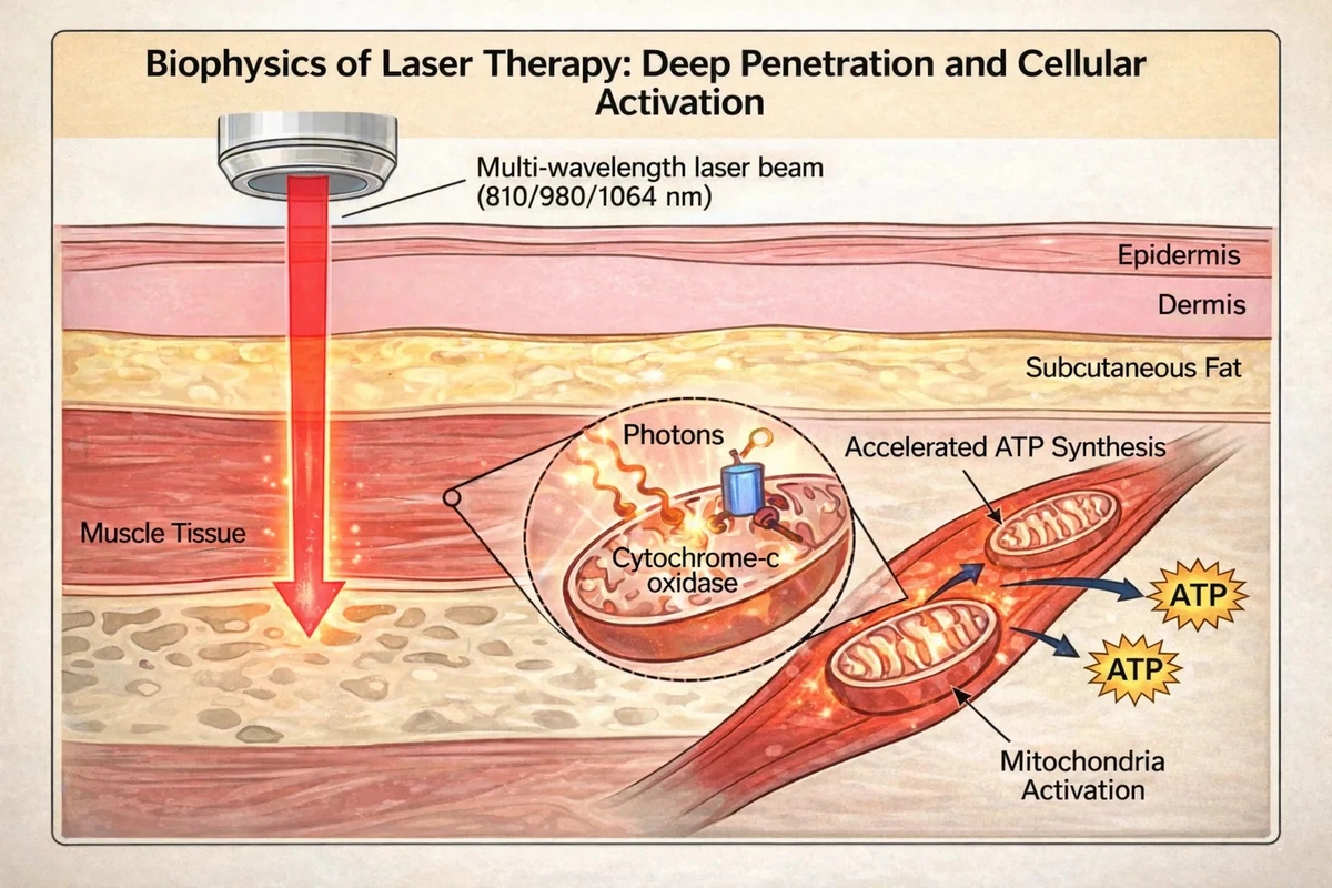 Diagram of photon delivery, absorption by chromophores, and the photobiological response